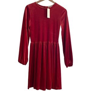 NWT Copper Key Long Balloon Sleeve Velvet Swing Dress Crimson Red